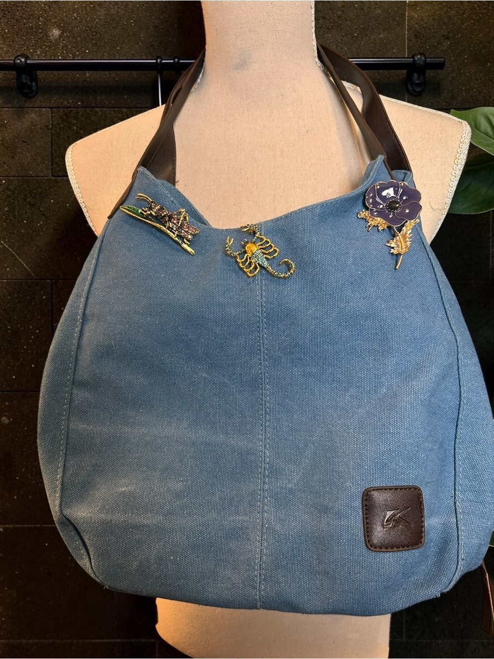 Blue Denim Canvas Hobo Tote Shoulder Bag 3 Brooches Multi Pocket